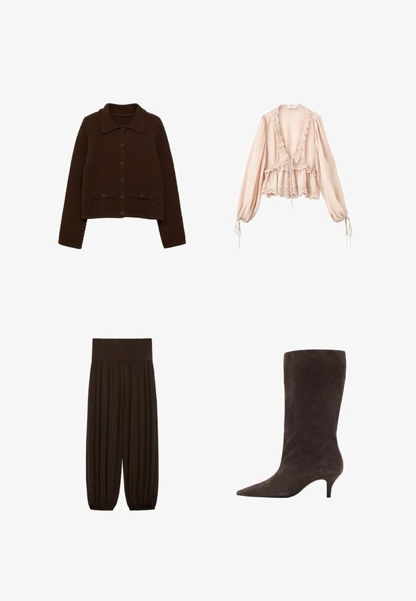 Brązowy sweterek z dzianiny z kołnierzem, z przodu zapinany na guziki i z ribbowymi akcentami. Posiada teksturowany wzór oraz dwie przednie kieszenie.; Bluzka w odcieniu różowego rumieńca z długimi rękawami, falbaniastym dekoltem, ściągaczem w talii oraz koronkowym wykończeniem przy mankietach i u dołu. Lekka, teksturowana tkanina.; Brązowe spodnie z plisami i szerokim, elastycznym pasem. Materiał jest lekki i teksturowany, z marszczonymi wykończeniami u dołów.; Brązowy zamszowy botek do kolan z wysmukłym noskiem i średnim obcasem, charakteryzujący się gładką teksturą i eleganckim wzornictwem.