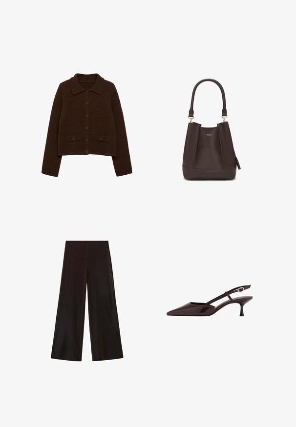 Rjava pletena jakna s ovratnikom, sprednjimi gumbi in rebrastimi poudarki. Ima teksturirano površino in dve sprednji žep.; Bela bombažna majica s kratkimi rokavi in okroglim izrezom. Ima sproščen kroj in minimalen dizajn brez vzorcev ali dodatkov.; Črne široke hlače iz mehkega materiala, z visokim pasom in gladko teksturo, ki se ponašajo s čistimi linijami in brez vidnih zapenjal.; Temno rjava lakirana usnjena slingback pumpa z ostrim nosom, nizkim stiletto petami in nastavljivim zlatim sponkastim trakom.; Carlheim ADALINE - Torbica - brown