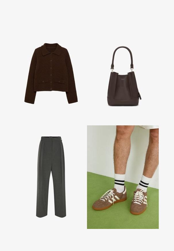 Rjava pletena jakna s ovratnikom, sprednjimi gumbi in rebrastimi poudarki. Ima teksturirano površino in dve sprednji žep.; Bela rebrasta majica bez rukava s crnim izvezenim logotipom u središtu grudnog dela. Ovratnik i otvor za ruke su završeni suptilnim obradom.; Sive široke hlače z teksturirano tkanino, z visokim pasom in sprednjimi gubami. Dizajn vključuje gladek pas in brez vidnih zaponk.; Rjavi semiš športni čevlji z belimi detajli in vezalkami. Gumijast podplat. Nošeni z belimi nogavicami z črnimi črtami. Zelena teksturirana talna obloga.; Carlheim ADALINE - Torbica - brown
