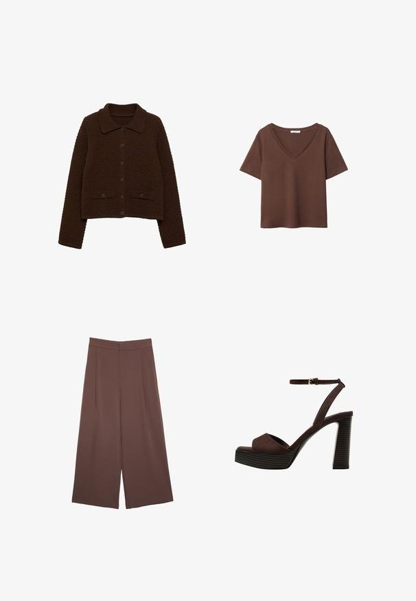 Brązowy sweterek z dzianiny z kołnierzem, z przodu zapinany na guziki i z ribbowymi akcentami. Posiada teksturowany wzór oraz dwie przednie kieszenie.; Brązowy bawełniany t-shirt z krótkimi rękawami i głębokim dekoltem w kształcie litery V. Prosty design, miękka faktura i prosty krój u dołu. Brak wzorów i akcentów.; Brązowe spodnie o szerokich nogawkach z gładką fakturą, z wysokim stanem i plisami z przodu. Materiał jest lekki i luźno opada.; Brązowe zamszowe sandały na wysokim obcasie z odkrytymi palcami, regulowanym paskiem na kostce i paskowatą podeszwą.