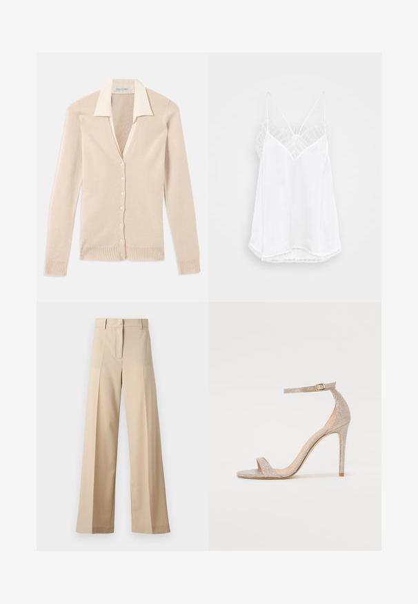 Beige Strickjacke mit tiefem V-Ausschnitt, langen Ärmeln, gerippten Bündchen und Saum sowie sechs passenden Knöpfen auf der Vorderseite. Weiche Stricktextur.; Weiße Spaghetti-Top mit V-Ausschnitt, dünnen Trägern, strukturierten Spitzenakzenten an den Schulter und einem geschwungenen Saum. Glatte Stoffoberfläche.; Beige weite Hosen aus glattem Stoff, mit einem flachen Vorderteil mit Falten, einem Reißverschluss und Gürtelschlaufen. Insgesamt eine taillierte Passform.; Riemchen-High-Heelsandale in metallic Roségold mit einer strukturierten Oberseite, offenen Zehen und einem Knöchelriemen mit einer goldenen Schnallen-Detail.