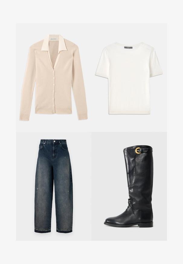 Beige kardigan sügava V-kaeluse, pikkade varrukate, ribaga mansettide ja ääre ning kuue sobiva nööpiga esifaas. Pehme kudumistruktuur.; Valge lühikeste varrukatega soonikutega viimistletud ringkaelusega kampsun, millel on sile tekstuur.; Tumed denim laiad säärega teksad kõrgema taljega, viie taskuga, nähtava õmblusega ja kerge kulumisega ees. Klassikaline nööbiga ja tõmblukuga sulgemine.; Mustast nahast põlvekõrgune saabas, millel on ümar varvas, nööbitav esikülg, külgedel detailid ja kuldne aksessuaar lõpus. Sujuv tekstuur.
