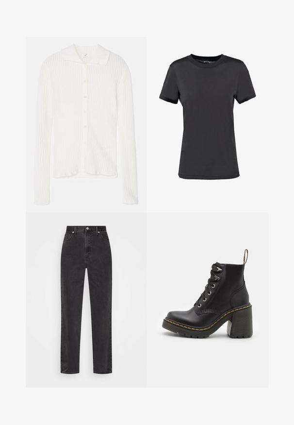 Weißer gerippter Strickcardigan mit Kragen, langen Ärmeln und vorderem Knopfverschluss. Weiche Textur mit dezenten vertikalen Streifen.; Schwarzes T-Shirt mit kurzen Ärmeln aus glattem Stoff. Verfügt über einen Rundhalsausschnitt ohne sichtbare Muster oder Akzente und bietet ein einfaches Design.; Schwarze Denim-Jeans mit geradem Bein, hoher Taille, vorderem Knopf und Reißverschluss sowie fünf Taschen auf weißem Hintergrund.; Schwarze Lederstiefelette mit einem klobigen hohen Absatz, Schnürung vorne, metallischen Ösen und gelben Nähten entlang der Sohle. Strukturierten Gummiaußensohle.