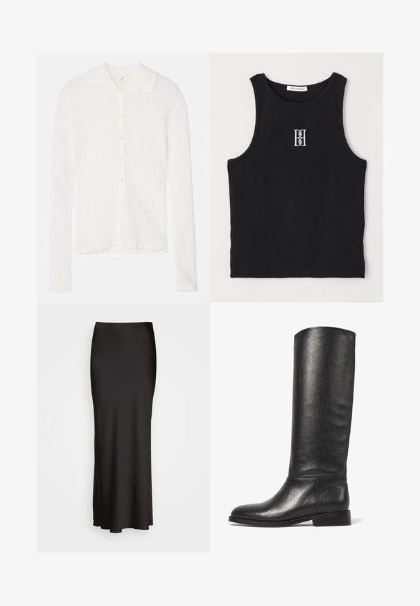 Valge ribaga kudumiskardigan kaelusega, pikkade varrukatega ja eesnupu sulgemisega. Pehme tekstuuriga, millel on õrnad vertikaalsed triibud.; Must räbal top, millel on ümmargune kaelus ja valge tikitud logo. Kangas on siledast tekstuurist ja keha lähedane lõige.; Mustast, põrandani ulatuvast satiinirest, millel on sile tekstuur, sobituv vöökoht ja A-tähe siluett, ilma nähtavate kaunistuste või mustriteta.; Knee-high must katte nahkkingad tekstuuriga pinnaga, ümar varvas, sile varreosa ja madal klotsikeel. Minimalistlik disain, ilma nähtava riistvarata.