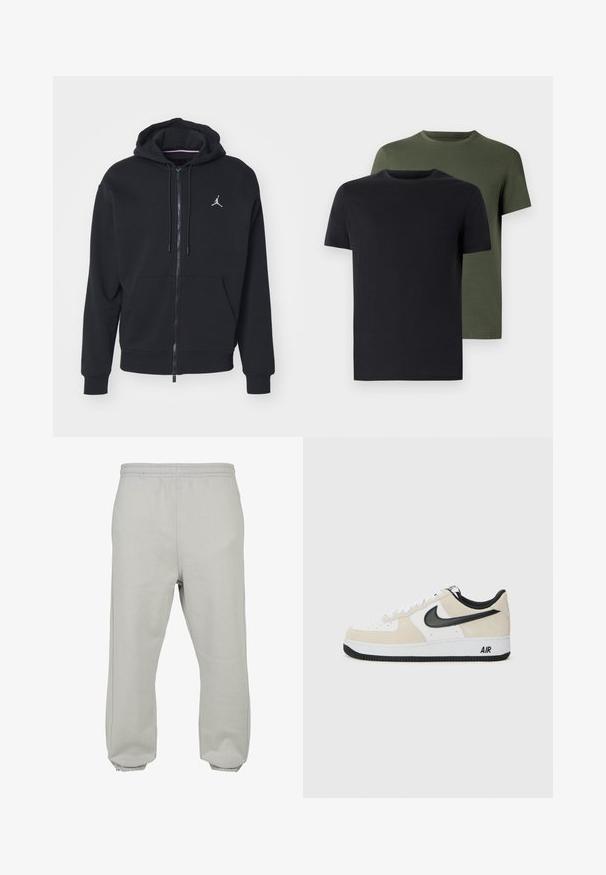 Czarna hoodie na zamek wykonana z miękkiego materiału, z kieszenią kangurką, prążkowanymi mankietami i białym wyhaftowanym logo na piersi.; Dwa t-shirty z okrągłym dekoltem w czarnym i oliwkowym kolorze, wykonane z miękkiej bawełny. Design jest prosty, posiada krótkie rękawy i prosty krój.; Jasnoszare dresy wykonane z miękkiego materiału, z elastycznym paskiem w talii, zwężanymi nogawkami i ściągaczami na końcach dla zapewnienia wygodnego dopasowania.; Sneakers z jasnobeżowym zamszem i białą skórzaną cholewką, czarnym logo Nike, czarnymi akcentami i białą gumową podeszwą z logo "AIR".