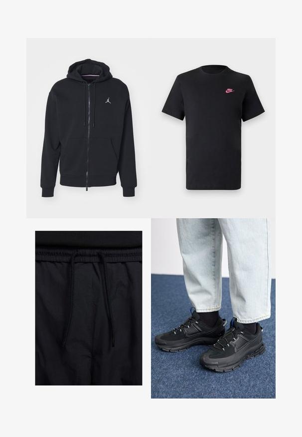 Must mustri zipperiga kapuutsiga, mis on valmistatud pehmest kangast, kangaroo taskuga, ribareitega mansettide ja valge tikitud logoga rinnal.; Must musta t-särk, millel on ümmargune kaelus ja lühikesed varrukad. Ees on roosa Nike logo vasakul ülaosas. Sile tekstuur.; Mustad lühikesed püksid, millel on paelaga vöökoht, kerge kangas, mis on sileda tekstuuriga ning lihtne disain ilma nähtavate logode või mustriteta.; Mustad mustad jooksukingad, millel on tekstureeritud kangas ja kummist tallad, elastsed nöörid ning sinine aksent kandadel. Kandmine heledate teksadega.