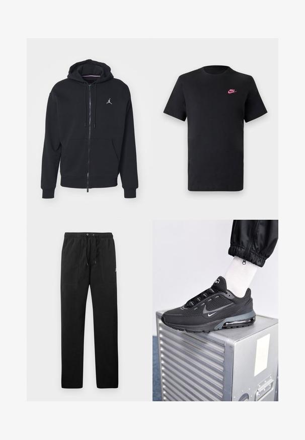 Zwarte zip-up hoodie gemaakt van zachte stof, met een kangoeroezak, geribde boorden en een wit geborduurd logo op de borst.; Zwarte katoenen T-shirt met een ronde halslijn en korte mouwen. Bevat een roze Nike-logo aan de bovenkant aan de linkerzijde. Glad textuur.; Zwarte sweatpants van fleece, met een elastische tailleband met trekkoorden, twee voorzakken en een klein logo op de dij.; Nike Sportswear PULSE - Sneakers laag - black/anthracite