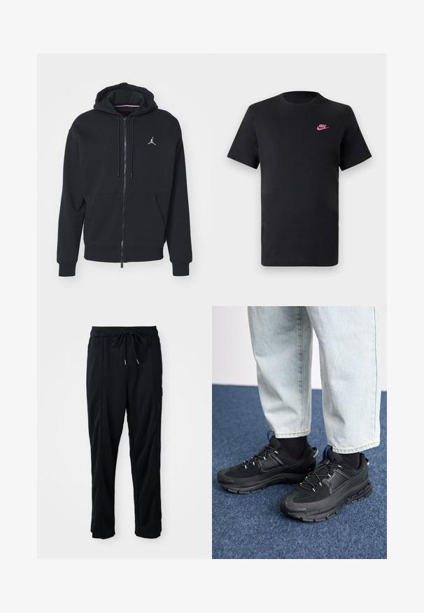 Melnas ar rāvējslēdzēju kapucēta jaka, izgatavota no mīksta auduma, ar kangaru kabatu, ribinātām piedurknēm un baltu izšūtu logo uz krūtīm.; Melnas kokvilnas T-krekls ar apaļu kaklu un īsām piedurknēm. Uz augšējās kreisās puses ir rozā Nike logo. Gluda tekstūra.; Melnas bikses ar aukliņu jostas vietā, ar sānu kabatām un taisnu kāju griezumu uz vienkrāsaina fona.; Melni sporta apavi ar strukturētu audumu un gumijas zoli, ar elastīgām auklām un zilu akcentu uz papēža. Nēsāti ar gaišām džinsu biksēm.