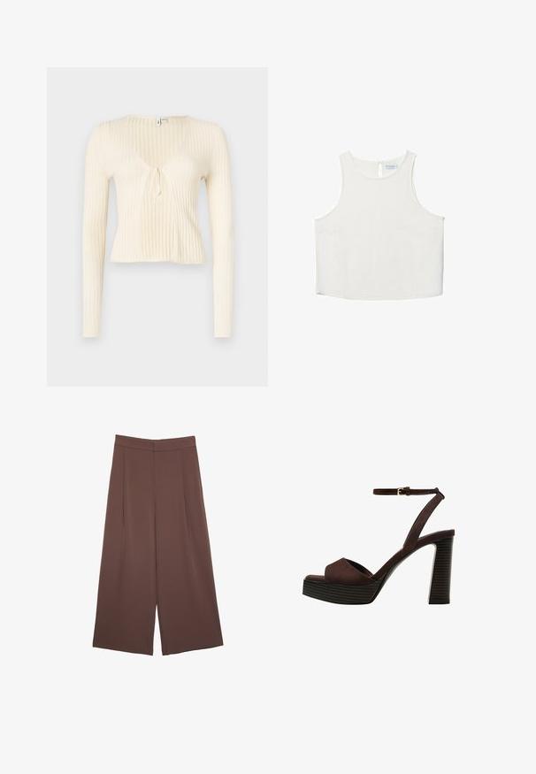 Ribbed, vaaleanruskea pitkähihaisen paita, jossa on V-kaula-aukko ja solmukiinnitys edessä. Kevyt kangas, istuva malli ja lyhyt pituus.; Valkoinen hihaton paita, jossa on pyöreä pääntie, hienovarainen tekstuuri, avaustakki ja suora helma.; Ruskeat leveälahkeiset housut, joissa on sileä pinta, korkea vyötärö ja etupleat. Kangas on kevyttä ja laskeutuu väljänä.; Ruske kožne sandale s visokom potpeticom, otvorenim prstima, podesivim kopčanjem oko gležnja i prugastim platformskim đonom.