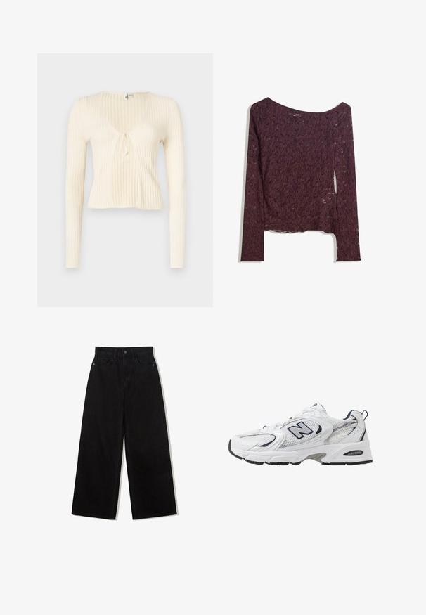 Cămașă lungă cu mânecă, cu dungi, de culoare crem, cu decolteu în V și detaliu cu fundă în față. Material ușor, design ajustat și lungime scurtă.; Top din dantelă cu mâneci lungi, într-o nuanță adâncă de burgund, având un design off-shoulder, modele florale și o textură ușor transparentă cu un tiv drept.; Jeans negri, cu picioare largi, din denim, cu talie înaltă, având un design cu cinci buzunare și o închidere cu un singur nasture în față.; Shoe sportiv alb cu parte superioară din plasă, accente bleumarin și talpă amortizată. Are logo-ul "N", șireturi și detalii texturate pe lateral.