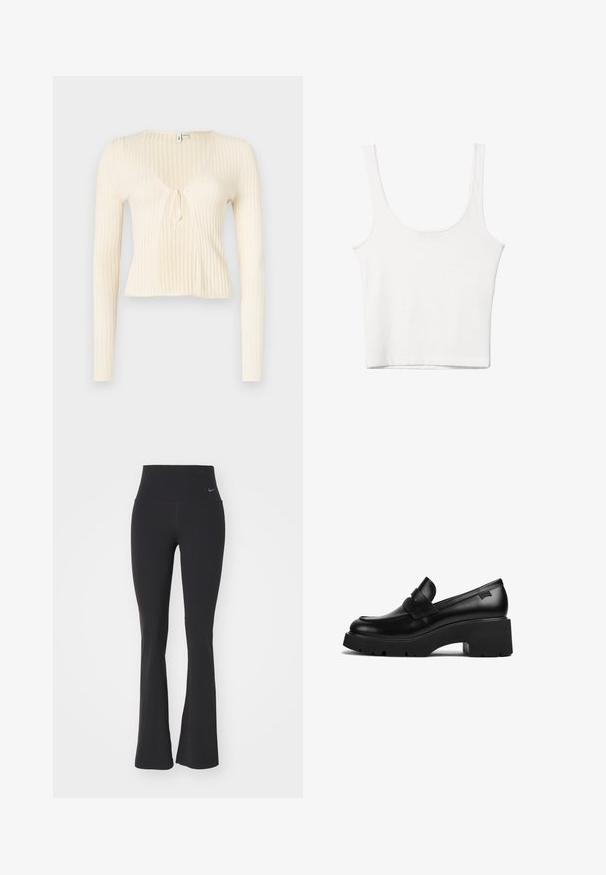 Top a manica lunga color crema a coste con scollatura a V e dettaglio a fiocco sul davanti. Tessuto leggero, design aderente e lunghezza corta.; Top in cotone bianco senza maniche, con scollatura ampia e linea aderente. Tessuto liscio, design semplice e dettagli di cucitura minimi.; Leggings neri da yoga con vita alta, realizzati in tessuto elasticizzato. Presentano un design svasato e un piccolo logo Nike sulla vita.; Mocassino in pelle nera con tacco chunky, suola spessa e un dettaglio a strap nella parte superiore, mostrato di lato su uno sfondo bianco.