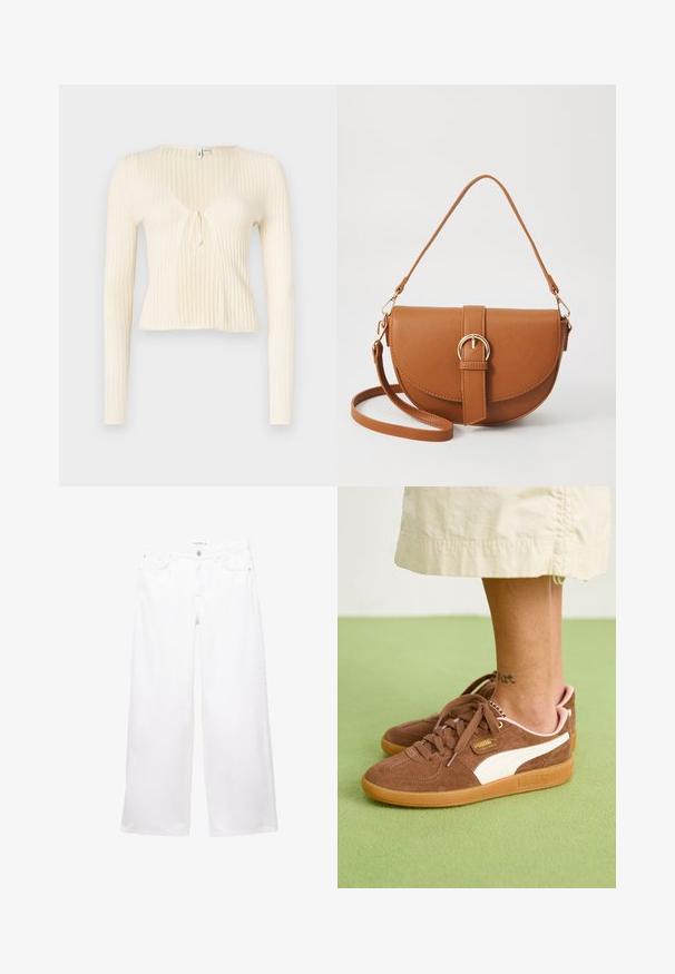 Geribbelde, crème-kleurige blouse met lange mouwen, een V-hals en strikdetail aan de voorkant. Lichtgewicht stof, getailleerd ontwerp en cropped lengte.; Witte T-shirt van zacht, lichtgewicht stof. Heeft een ronde halslijn en korte, brede mouwen met een ontspannen pasvorm. Geen zichtbare patronen.; Witte wijde spijkerbroek van denim met een gladde textuur. Voorzien van een knoop- en ritssluiting, met twee voorkanten en twee achterzakken.; Bruine suède sneakers met witte accenten, rubberen zool en roze hak. Veters en merkdetails zichtbaar. Enkel tattoo gedeeltelijk zichtbaar.; Bruine leren schoudertas met een gebogen vorm, gouden hardware en een gespaccent. Bevat een afneembare schouderriem.