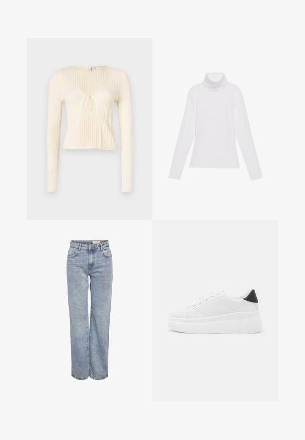 Ribbed, cream-colored long-sleeve top with a V-neck and tie detail at the front. Lightweight fabric, fitted design, and cropped length.; White long-sleeve turtleneck top made of smooth, stretchy fabric. Features a high collar and fitted design, with no visible patterns or embellishments.; Light blue wide-leg jeans made from denim, featuring a high waist, five-pocket design, and subtle fading for a worn-in look.; White platform sneakers made of smooth synthetic material, featuring a rounded toe, lace-up design, and a textured rubber sole. Black heel accent.