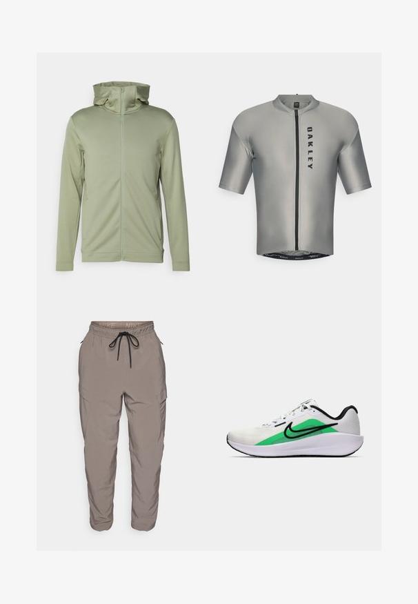 Giacca con cappuccio e zip di colore verde chiaro, realizzata in tessuto liscio. Presenta un colletto alto e maniche lunghe con polsini elasticizzati. Nessun motivo visibile.; Maglietta da ciclismo a maniche corte in morbido tessuto grigio con zip frontale, caratterizzata da un logo "OAKLEY" nero e un design aderente.; Pantaloni cargo Nike grigi chiari, con vita elasticizzata e coulisse, tasche laterali e vestibilità affusolata. Tessuto dalla superficie liscia.; Scarpa da ginnastica bianca con un accento verde, logo nero, tomaia in rete, suola ammortizzata e tacco arrotondato. Presenta lacci e dettagli a contrasto.
