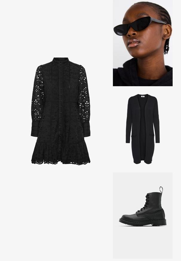 JDY JDYMARCO LONG CARDIGAN - Chaqueta de punto - black; Vestido negro bordado con cuello alto, cierre de botones en la parte frontal, mangas largas y un dobladillo con volantes. Presenta patrones florales y geométricos recortados.; Botín de combate de cuero negro con punta redonda, parte delantera con cordones y una lengüeta en el tobillo. Presenta una suela de goma gruesa para mayor durabilidad.; Gafas de sol estilo cat-eye en negro con acabado mate, que presentan un diseño elegante y bordes suavemente curvados, colocadas sobre la ropa oscura de un modelo.