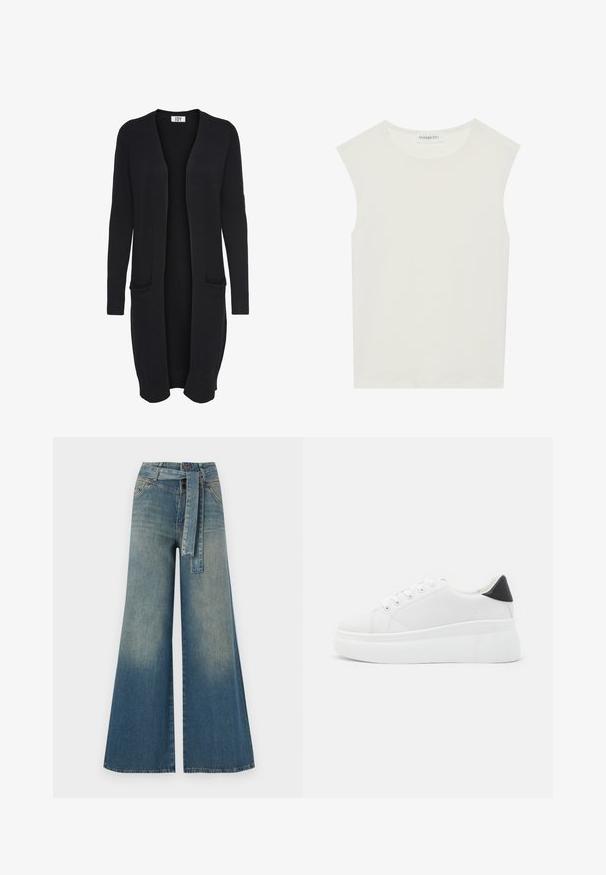 JDY JDYMARCO LONG CARDIGAN - Cardigan - black; Top bianco senza maniche con scollatura rotonda. Realizzato in tessuto liscio, presenta una vestibilità rilassata e un design minimalista. Nessun motivo o accentuazione.; Pantaloni in denim a gamba larga con una sfumatura che va dal blu chiaro al blu scuro, vita alta, passanti per cintura e una cintura in tessuto coordinato. Finitura in denim strutturato.; Sneakers platform bianchi realizzati in materiale sintetico liscio, con punta arrotondata, design con lacci e suola in gomma texture. Accento nero nel tallone.