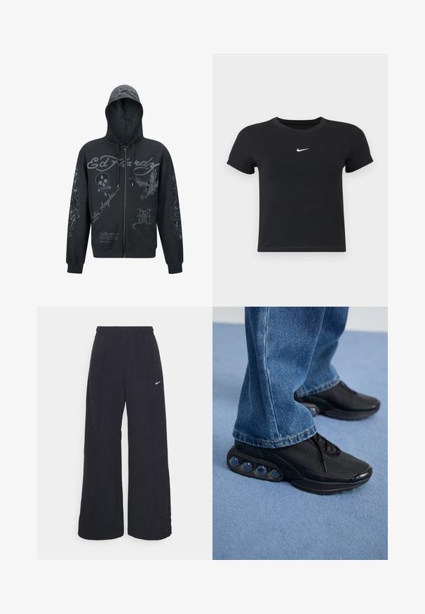 Ed Hardy DEATH-BEFORE MONO - Sudadera con cremallera - black; Camiseta negra de manga corta hecha de algodón con un cuello redondo. Presenta un logo blanco de Nike en el pecho, diseño minimalista y forma ajustada.; Pantalones de pierna ancha negros con una cintura elástica y un pequeño logo blanco de Nike. La tela tiene una textura suave, diseñada para la comodidad y el uso casual.; Zapatillas deportivas negras con parte superior de malla, acentos texturizados y cápsulas de amortiguación de aire visibles en la suela. Combinadas con jeans de mezclilla azul.