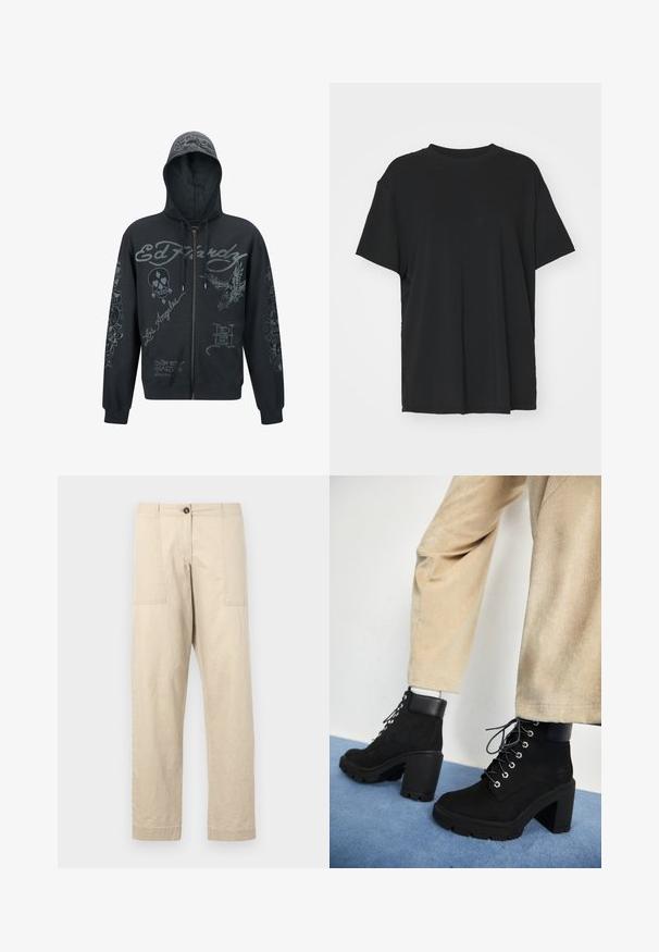 Ed Hardy DEATH-BEFORE MONO - Zip-up sweatshirt - black; Black short-sleeve t-shirt made of smooth fabric, with a crew neck and loose fit. Features side slits for added comfort and breathability.; Beige cotton trousers with a straight cut, featuring front pockets, a button closure, and cuffed hems. Smooth texture and minimal design.; Black suede ankle boots with a chunky heel, round toe, and silver eyelets, featuring a matte black leather collar and textured sole.