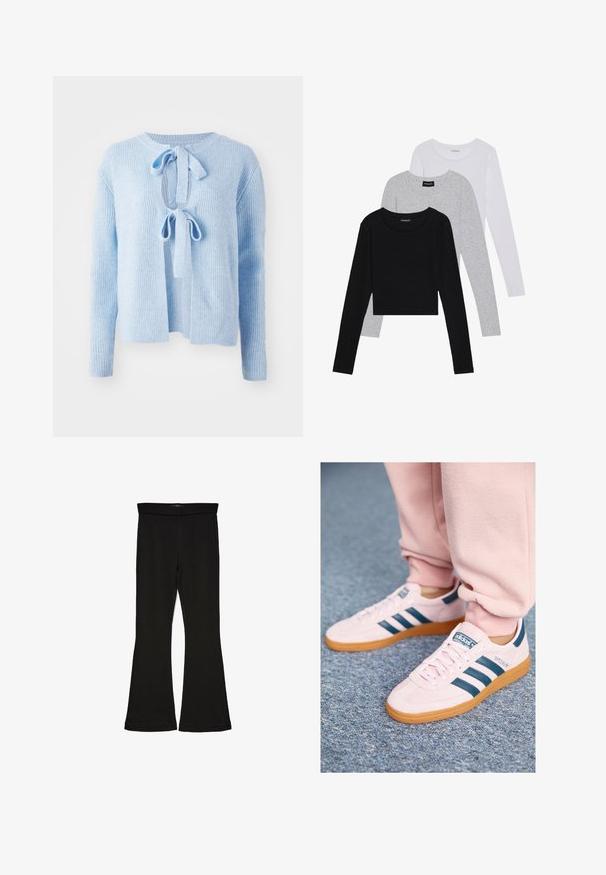 Suéter azul claro canelado com decote redondo, abertura frontal com fecho de laço e mangas longas. Textura macia com um corte descontraído.; Três camisetas de manga longa empilhadas: preta, cinza e branca. Cada uma tem um decote redondo e um design cropped, feitas de um tecido leve e suave.; Leggings pretos em flare feitos de um tecido elástico. Apresentam uma cintura larga e uma textura suave, com um silhueta ajustada que se alarga na bainha.; Sneakers de camurça rosa claro com riscas de pele azul escura e sola de borracha. Características incluem atacadores planos e marcação no lado e na língua.
