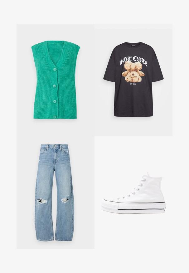 Turkise ermeløs cardigan med V-hals, ribbestruktur og fire matchende knapper foran. Myk strikket materiale.; Svart oversized t-skjorte med en grafikk av en bjørn og teksten "IKKE SØT, MEN VILL" i fet, hvit skrift. Laget av bomull.; Lyseblå høytlivsjeans laget av denim. Har vide bein, to revne knær og klassisk fem-lommers design.; Hvit høy-skinn kanvas sneakers med svart gummisåle, gummitåhette foran og seks hull for snorer, med et rent, minimalistisk design.