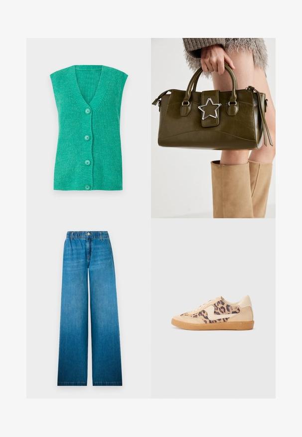 Chaleco sin mangas en color turquesa con escote en V, textura acanalada y cuatro botones a juego en la parte delantera. Material de punto suave.; Camiseta gris de manga corta confeccionada con una suave mezcla de algodón. Cuello redondo, ajuste holgado con una textura suave y un diseño minimalista.; Jeans de pierna ancha fabricados en denim azul claro, con una cinturilla elástica, cierre de botón y un diseño de corte recto con efecto desvanecido.; Zapatillas de leopardo con parte superior de ante beige, suela de goma marrón y acentos blancos. Punta redonda y diseño con cordones con un acabado texturado.; Bolso de mano de cuero sintético verde oliva con acento de estrella plateada, doble asa y cierre de cremallera. Superficie texturizada y forma estructurada.