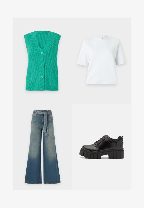 Turquoise sleeveless cardigan with a V-neck, ribbed texture, and four matching buttons down the front. Soft knit material.; Light blue short-sleeve t-shirt made of soft cotton. Features a classic round neckline and a relaxed fit, with no patterns or accents.; Wide-leg denim trousers featuring a light to dark blue gradient, high waist, belt loops, and a matching fabric belt. Textured denim finish.; Black leather platform shoes with a chunky block heel, round toe, and traditional lace-up design. Features smooth texture and minimal detailing.