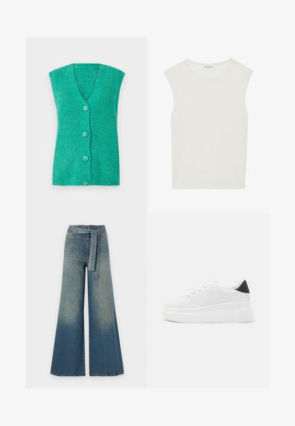 Turkis ærmeløs cardigan med V-udskæring, ribbet tekstur og fire matchende knapper foran. Blødt strikmateriale.; Hvid ærmeløs top med rund halsudskæring. Lavet af glat stof, har den en afslappet pasform og minimalistisk design. Ingen mønstre eller accenter.; Bredbens-denimbukser med en lys til mørk blå gradient, høj talje, bælteløkker og et matchende stofbælte. Tekstureret denimfinish.; Hvide platform sneakers lavet af glat syntetisk materiale, med en afrundet tå, snørebåndsdesign og en struktureret gummisål. Sorte hæl akcent.
