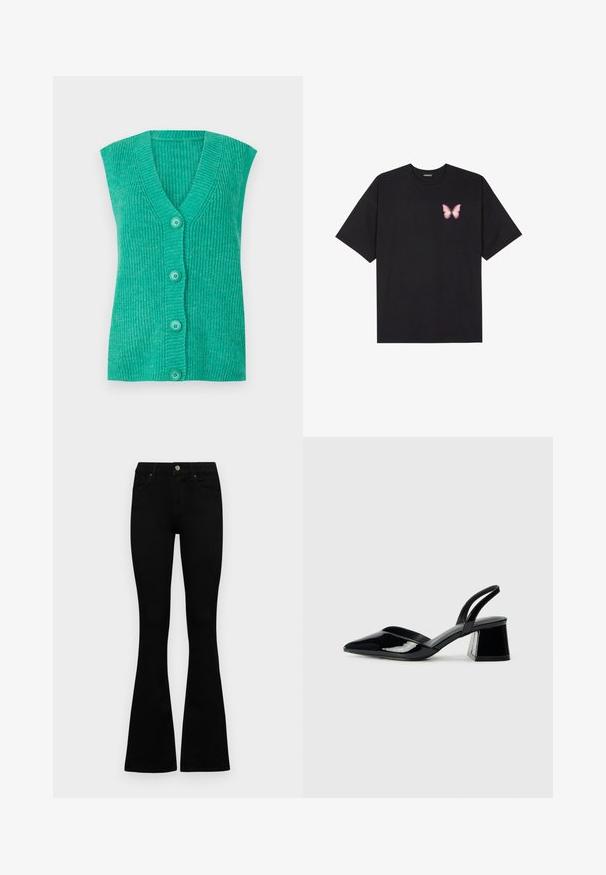 Turkos ärmlös cardigan med V-ringning, ribbad textur och fyra matchande knappar framtill. Mjukt stickat material.; Svart bomullströja med korta ärmar, med en liten rosa fjärilsgrafik på vänster bröst. Rundad halsdesign med en avslappnad passform.; Svarta högmidjade jeans med knäppning och dragkedja, frontfickor och utsvängda ben, liggande platt på en vit bakgrund.; Svarta lackläder slingback klackar med spetsig tå och geometrisk klack. Har en elegant, minimalistisk design och slät yta.