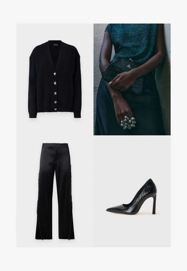 Fekete kardigán mély V-kivágással, hosszú ujjakkal és hat ezüstcsillag gombbal az elején. Puha, texturált kötött anyagból készült.; Fehér pamut hosszú ujjú ing, hegyes gallérral, gombos elülső záródással és lekerekített szegéllyel. Sima textúra, normál szabás és minták nélkül.; Fekete selyem nadrág, széles szárakkal, oldalsó varrásain frufru részletekkel és lapos elülső derékrészes. Egyszerű hátul zsebek nélkül.; Fekete hegyes orrú magassarkú cipő krokodilbőr textúrával, letisztult dizájnnal, magas tűsarkú és sima fekete belső résszel.; Fekete krokodilbőr mintázatú válltáska ezüst hardware-rel, egy texturált szürke háttér előtt tartva. Fényes felülettel rendelkezik.