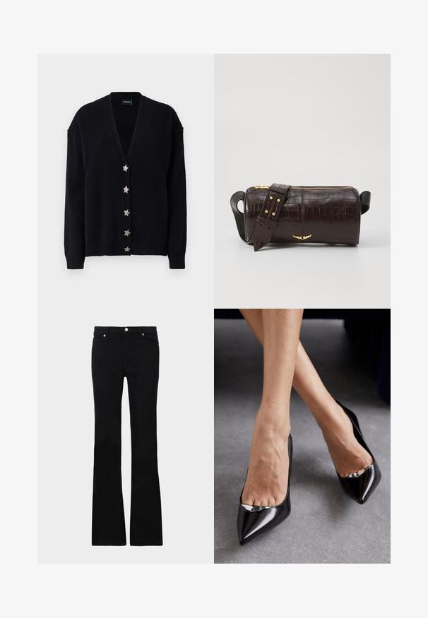 Mustmustard must kaelusega, pikkade varrukatega ja kuue hõbedase tähe nupuga ees. Valmistatud pehmest tekstuuriga kudumist.; Must have mustam blouse pehmest kangast, millel on pitsiga kaelus ja lillemuster. Pikad paisuvad varrukad ja mugav lõige täiustavad disaini.; Mustad teksased, millel on flared lõige, kaks esi-taskut, nööbiga kinnitamine ja sile tekstuur. Tootemärgistus on nähtav õmblustes.; Mustad kõrgkandilised mustad nahkjalatsid terava nina ja avatud disainiga, millel on dekoratiivne hõbedane aksessuaar. Sile tekstuur läikiva viimistlusega.; Pruunist krokodillimustrist nahast kott, millel on silindri kuju, kuldse tooni metalldetailid ja eemaldatav rihm, kus on nupud.