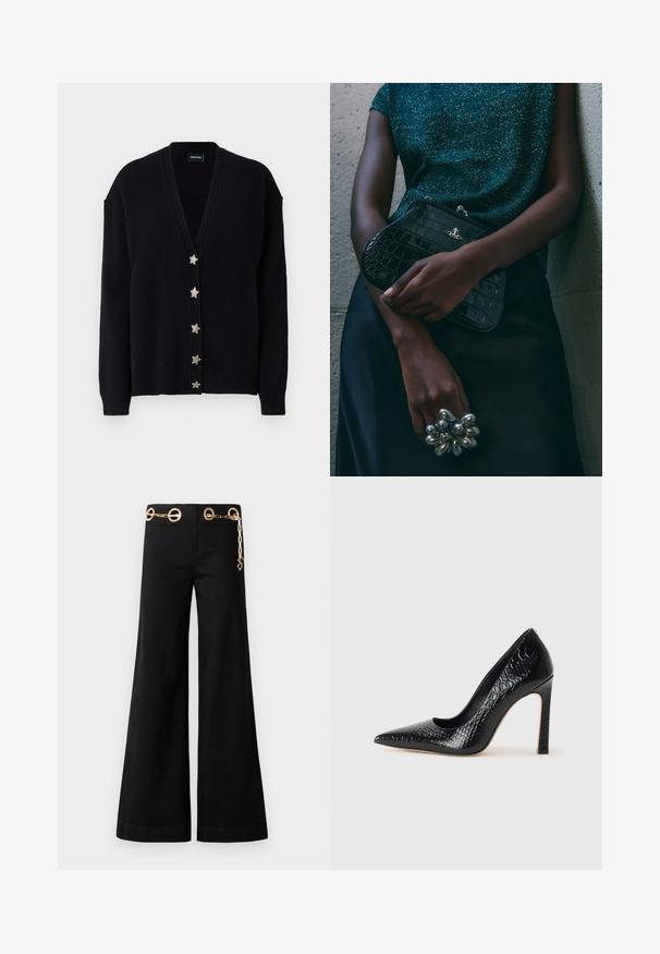Cardigan noir avec un décolleté en V profond, des manches longues et six boutons en forme d'étoile argentés sur le devant. Fabriqué en maille texturée douce.; Body avec manches longues, col haut et design décolleté dans une couleur bordeaux unie. Fabriqué à partir d'un tissu doux et extensible.; Pantalons larges noirs en coton, avec un matériel circulaire doré et un détail en chaîne à la taille. Texture lisse, coupe épurée.; Escarpin noir à bout pointu avec texture en cuir de crocodile, présentant un design élégant, un haut talon aiguille et un intérieur noir lisse.; Sac à main en cuir noir à motif crocodile avec des finitions en métal argenté, posé sur un fond texturé gris. Présente une surface brillante.