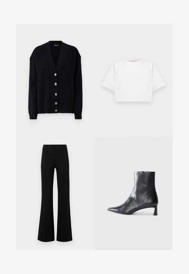 Czarny kardigan z głębokim dekoltem w serek, długimi rękawami oraz sześcioma srebrnymi guzikami w kształcie gwiazdy z przodu. Wykonany z miękkiego, teksturowanego dzianinowego materiału.; Skrojona biała koszulka z miękkiego materiału, z krótkimi rękawami, okrągłym dekoltem i żebrowanymi detalami u dołu. Prosty i nieozdobiony design.; Czarne rozszerzane spodnie z wysokim stanem, wykonane z elastycznego materiału. Posiadają pionowe szwy z przodu oraz gładką teksturę.; Czarne skórzane botki sięgające kostki z ostrym noskiem i eleganckim designem. Posiadają niski obcas oraz zamek błyskawiczny z tyłu. Gładka faktura.