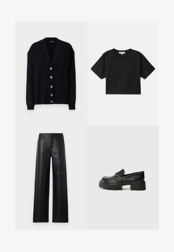 Black cardigan featuring a deep V-neck, long sleeves, and six silver star buttons down the front. Made of soft textured knit material.; Black cropped t-shirt made of cotton. Features round neckline and short sleeves. "MICHAEL KORS" embroidered in matching color on the front.; Wide-leg black leather pants with a smooth texture, featuring front pockets, a button closure, and subtle stitching details.; Black leather loafers with a chunky sole, featuring a gold-tone accent on the front and a smooth finish. Chunky tread design on the sole.