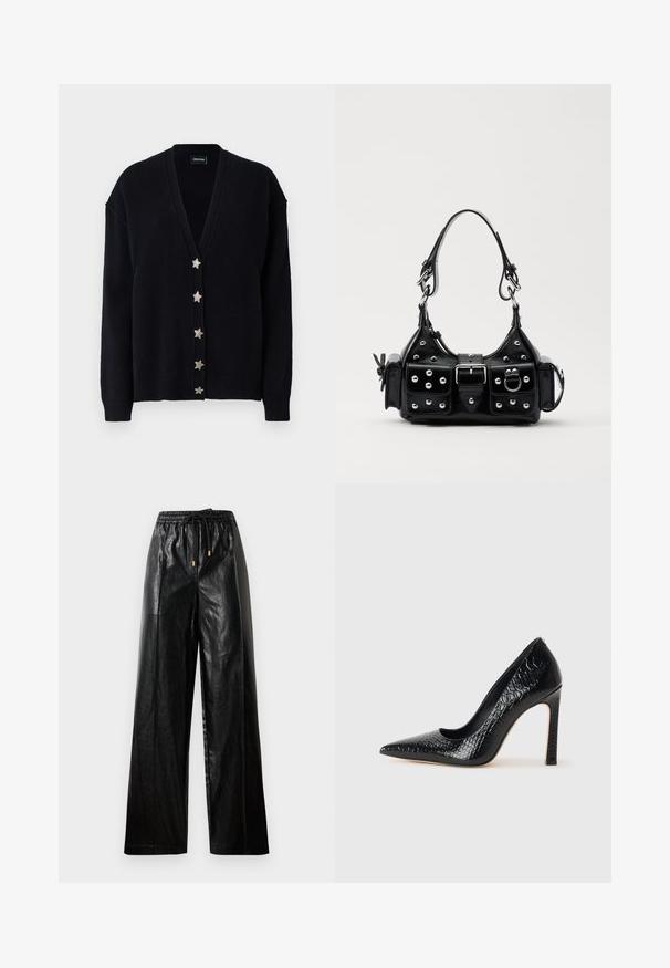 Juodas kardiganas su giliu V formos iškirpimu, ilgomis rankovėmis ir šešiais sidabriniais žvaigždutės mygtukais priekyje. Pagamintas iš minkštos tekstūruotos mezgimo medžiagos.; Juodas trumpas tanko tipo marškinėlis su pakartotu baltu MK logotipo raštu, apvaliu iškirpimu ir plačiomis petnešomis. Lygus paviršius.; Juodos odinės plačios kelnės su elastine juosta, raišteliu ir auksiniais akcentais. Lygus paviršius ir laisvas fasonas.; Juoda smailiakulnė aukšto kulno bateliai su krokodilo odos tekstūra, pasižymintys elegantišku dizainu, aukštu stiletu kulnu ir lygia juoda vidine dalimi.; Juodas odinis rankinukas su kreiviu dizainu, su sidabro spalvos knopkėmis, užsegimu ir dviem šoninėmis kišenėmis. Reguliuojama dirželis nešimui.