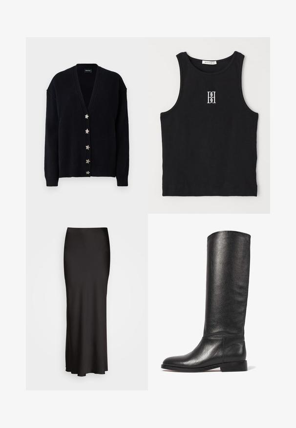 Cárdigan negro con un profundo escote en V, mangas largas y seis botones de estrella plateados en la parte delantera. Hecho de un suave material de punto texturizado.; Top de tirantes negro con textura acanalada, presenta un cuello redondo y un logo bordado en blanco. La tela tiene una textura suave y una forma ajustada.; Falda larga de satén negra con una textura suave, cinturilla ajustada y silueta en A, que no presenta adornos ni patrones visibles.; Botas de cuero negras hasta la rodilla con un acabado texturizado, punta redondeada, caña lisa y un tacón bajo apilado. Diseño minimalista, sin herrajes visibles.