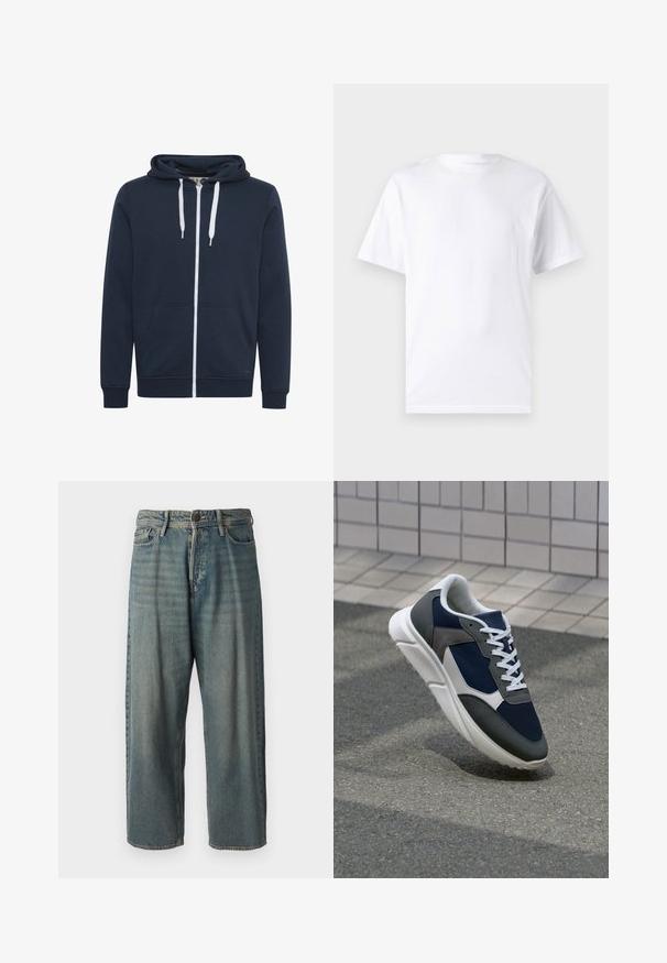 Jūrininkų mėlynos spalvos zip-up džemperis, pagamintas iš minkštos medžiagos, su priekinėmis kišenėmis, baltomis užtrauktukų juostelėmis ir gipiūro rankogaliais.; Baltas trumpas rankovės marškinėlis, pagamintas iš medvilnės, su apvaliu kaklu, pasižymintis lygiu paviršiumi ir paprastu dizainu be raštų ar akcentų.; Šviesiai mėlyni džinsai su laisvu siluetu, vidutinio aukščio juosmeniu ir tiesiomis kojomis. Su penkiais kišenėmis, diržo kilpo ir mygtukų uždarymu.; Sportiniai bateliai su tamsiai mėlynu tinkliniu viršumi, pilkais zomšiniais akcentais, balta guma padanga ir plokščiomis baltomis raištelėmis, sukurti komfortui ir oro pralaidumui.