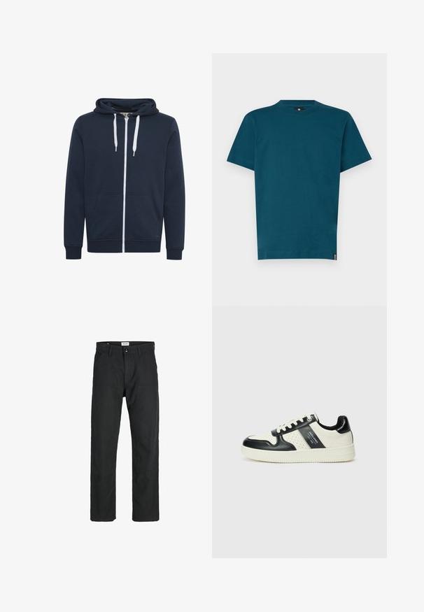 Tumesinine tõmblukuga kapuutsiga särk, mis on valmistatud pehmest kangast. Sertifikaadi ees on eesmine tasku, valged nöörid ja soonikkoes mansetid varrukaotstes.; Türkis puuvillane T-särk ümmarguse kaelusega ja lühikeste varrukatega. Omab sirget lõiget ja väikest brändi silti küljel. Sujuv tekstuur.; Mustad mustad, mis on valmistatud vastupidavast kangast, sirge jala disainiga, õmmeldud detailidega ja kahe eesmise taskuga funktsionaalsuse jaoks.; Nahatud nahkkingad musta ja kreemi värviskeemiga, millel on perforeeritud aktsendid, pehme krae ja tekstureeritud tallad.