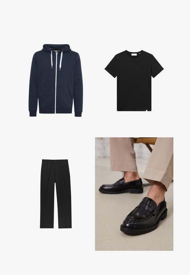 Navy zip-up hoodie made of soft fabric, featuring a front pocket, white drawstrings, and ribbed cuffs at the sleeve ends.; Black short-sleeve T-shirt made of cotton, featuring a crew neck and a small logo embroidered on the chest. Smooth texture, standard fit.; Black pants with a straight-leg design, made from a smooth fabric. Features front pleats and a single button closure at the waist.; Black leather loafers with a smooth finish, featuring a decorative strap and contrast stitching, paired with beige trousers.