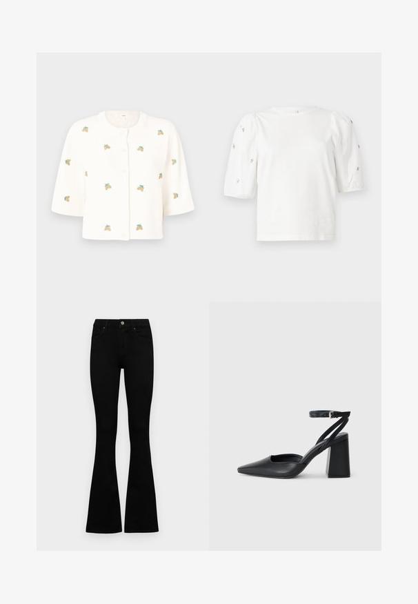 Object OBJTHESS SLEEVE CARDIGAN - Cardigan - cloud dancer/lemon; Tricou alb din bumbac cu mâneci scurte tip bufantă, având mici embellisheuri argintii pe mâneci. Decolteu clasic rotund, croială lejeră.; Jeans negri cu talie înaltă, cu închidere prin nasture și fermoar, buzunare frontale și picioare evazate, așezați pe un fundal alb.; Pantofii cu toc ascuțit din piele neagră, cu breteaua pentru glezne și toc gros. Textură netedă, design elegant și estetică minimală.