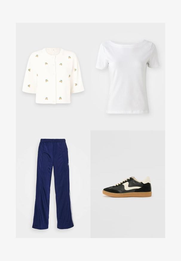 Object OBJTHESS SLEEVE CARDIGAN - Kardigán - cloud dancer/lemon; Biela krátkozrnná bavlnená tričko s lodičkovým výstrihom a hladkým povrchom. Jednoduchý a neozdobený dizajn.; Námornícke športové nohavice s elastickým pásom, rovnými nohavicami a bočnými zipsami. Obsahujú biele lemovanie po stranách. Hladká textúra látky.; Čierne semišové a kožené tenisky s krémovým bočným prešívaním a svetlo krémovou pätou. Obsahujú béžové šnúrky a podošvu z gumeného kaučuku.