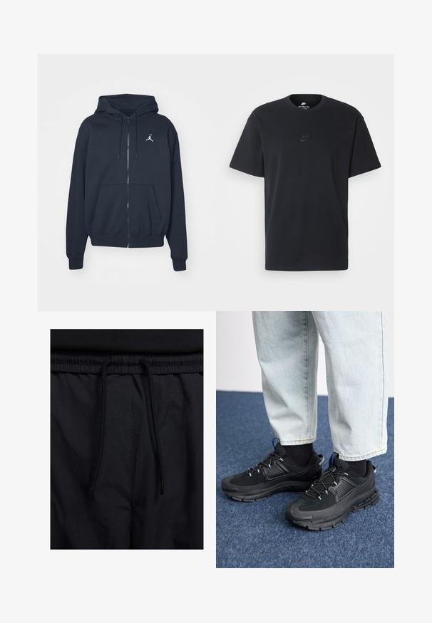 Navy blue zip-up hoodie in soft fabric, featuring a kangaroo pocket, ribbed cuffs, and a white Jordan logo on the left chest.; Nike black cotton t-shirt with a classic crew neck, short sleeves, and a subtle, embossed logo on the chest. Smooth texture.; Black shorts featuring a drawstring waistband, lightweight fabric with a smooth texture, and a simple design without visible logos or patterns.; Black athletic shoes with textured fabric and rubber soles, featuring elastic laces and a blue accent on the heel. Worn with light denim pants.