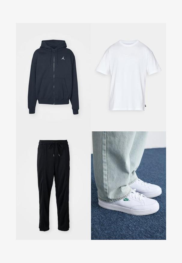 Tengerészkék cipzáras kapucnis pulóver puha anyagból, kenguru zsebbel, bordázott mandzsettákkal és fehér Jordan logóval a bal mellrészen.; Fehér pamut póló, rövid ujjakkal és kerek nyakkivágással. Jellemzője egy kis, diszkrét Nike logó a mellkason és egy oldalsó címke.; Fekete húzózsinóros, kényelmes nadrág oldalsó varrású zsebekkel és egyenes szabással, egyszínű háttéren.; Fehér bőr sportcipők zöld Nike logóval, kerek orral, lapos talppal, világoskék farmernadrággal párosítva, kék szőnyegen bemutatva.