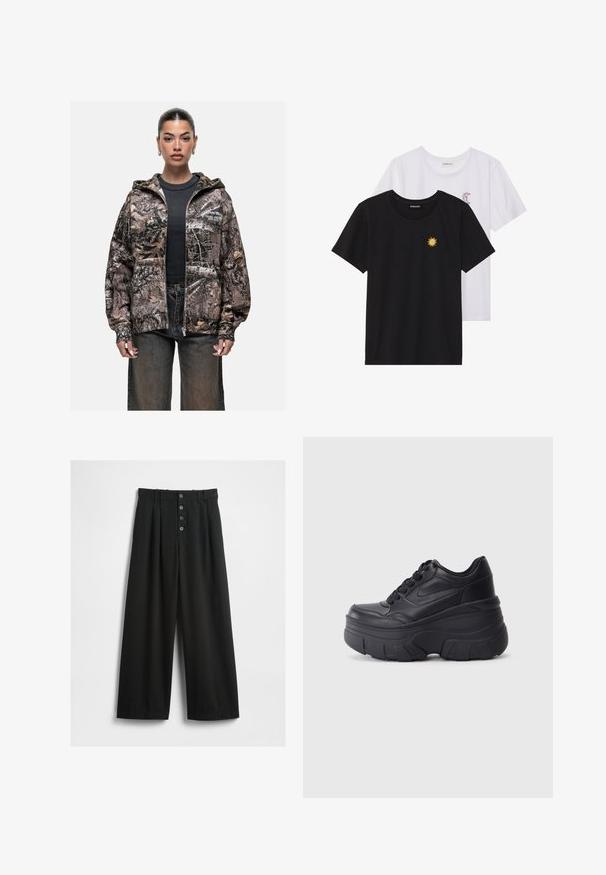 Giacca zip-up mimetica con cappuccio; tonalità terrose con modelli di foglie e rami; polsini elastici; abbinata a una maglietta nera e pantaloni in denim.; T-shirt in bianco e nero, girocollo, maniche corte. La maglietta nera presenta un ricamo di sole giallo; quella bianca ha un accento di luna crescente viola.; Pantaloni neri a gamba larga realizzati in un tessuto strutturato. Presentano una vita alta, una chiusura frontale a cinque bottoni e pince stirate per un tocco di dettaglio in più.; Sneaker nere con lacci e suola spessa, caratterizzate da una tomaia in pelle liscia, punta arrotondata e un distintivo design a piattaforma stratificata.