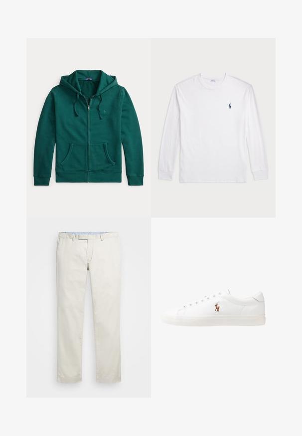 Sweatshirt com fecho verde, feita de tecido macio, com capuz grande, bolsos frontais e um pequeno logótipo no lado superior esquerdo.; Camisola de manga longa branca feita de algodão. Apresenta um decote redondo, punhos canelados e um pequeno logótipo de polo azul-marinho no lado esquerdo do peito.; Chinos de algodão bege com frente plana, passantes para cinto e bolsos laterais. Design de perna reta com uma textura suave e uma sensação leve e respirável.; Sapatilhas de couro brancas, design de cano baixo, com textura suave, biqueira redonda, atacadores à frente e um pequeno logótipo bordado na lateral.