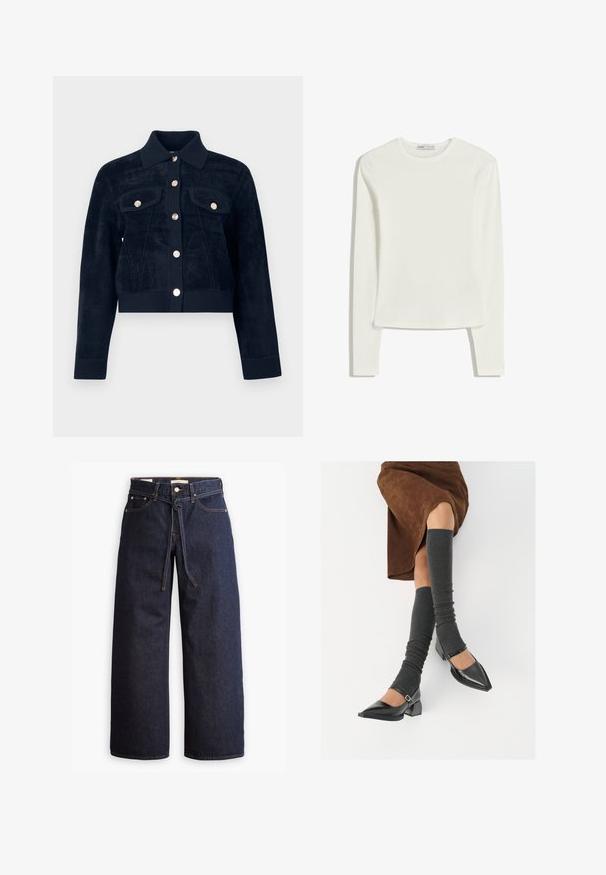 Marineblauwe cropped jas met lange mouwen, puntige kraag, twee borstzakken met kleppen en goudkleurige knoopsluitingen aan de voorkant.; Witte lange mouw top van zachte, gladde stof. Heeft een ronde hals en een slim fit met minimale stikdetails.; Wijd pijpjes donkerblauwe denim jeans met een hoge taille, voorzien van een trekkoord, vijf zakken en contrasterende stiksels.; Zwarte gepatineerde leren pumps met een puntige neus, een blokhak en een enkelbandje, gecombineerd met grijze geribde beenwarmers en een bruine suède rok.