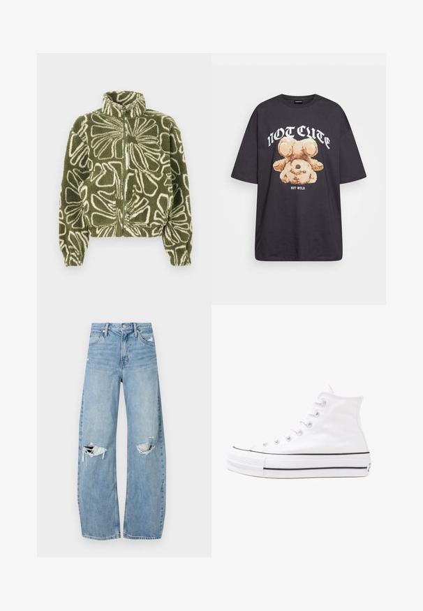 Fleecejacke in Grün mit weißem Blumenmuster, mit hohem Kragen, Reißverschluss vorne und elastischen Bündchen. Zwei Vordertaschen enthalten.; Schwarzes, übergroßes T-Shirt mit einem Grafikdruck eines Bären und dem Text "NICHT SÜß, SONDERN WILD" in fetter, weißer Schrift. Baumwollmaterial.; Helles, hochtailliertes Jeans aus Denim. Hat weit geschnittene Beine, zwei aufgerissene Kniebereiche und klassischen Fünf-Taschen-Stil.; Weiße hochwertige Leinensneaker mit schwarzer Gummisohle, vorderem Gummizehenschutz und sechs Ösen für Schnürsenkel, die ein sauberes, minimalistisches Design aufweisen.