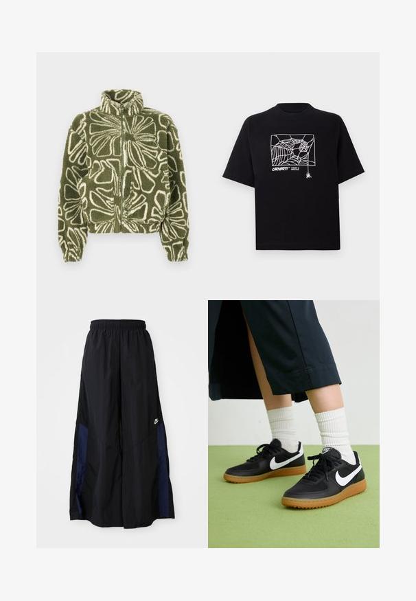 Giacca in pile verde con motivo floreale bianco, dotata di collo alto, zip frontale e polsini elastici. Comprende due tasche frontali.; Maglietta nera in cotone con maniche corte. Presenta una grafica e un logo a ragnatela bianca sul davanti. Scollo rotondo semplice.; Pantaloni neri a gamba larga realizzati in tessuto leggero, con un pannello laterale blu navy e una cintura elastica. Piccolo logo bianco sul fondo.; Sneaker in pelle nera e sintetica con logo Nike bianco, suola in gomma, punta rotonda e lacci neri. Calze bianche a righe visibili.