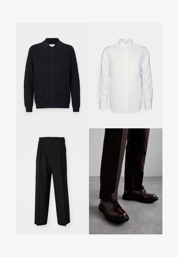 Crna teksturirana pletena kardigan s dugim rukavima, prednjim dugmadi i preklopljenim ovratnikom, prikazan na jednobojnoj bijeloj pozadini.; Duga bijela košulja od pamuka, s kragnom na dugmad, prednjim džepom i regularnim krojem. Teksturirana tkanina s glatkom površinom.; Crne plisirane hlače s ravnim širokim nogavicama. Izrađene od glatkog materijala, s dugmadi za zatvaranje i petljama za remen.; Smeđe kožne cipele s vezicama i sjajnim finišom, crna gumena potplata i suptilno šivanje. Nosene s smešanim smešnim smeškom smešnim smeškom.