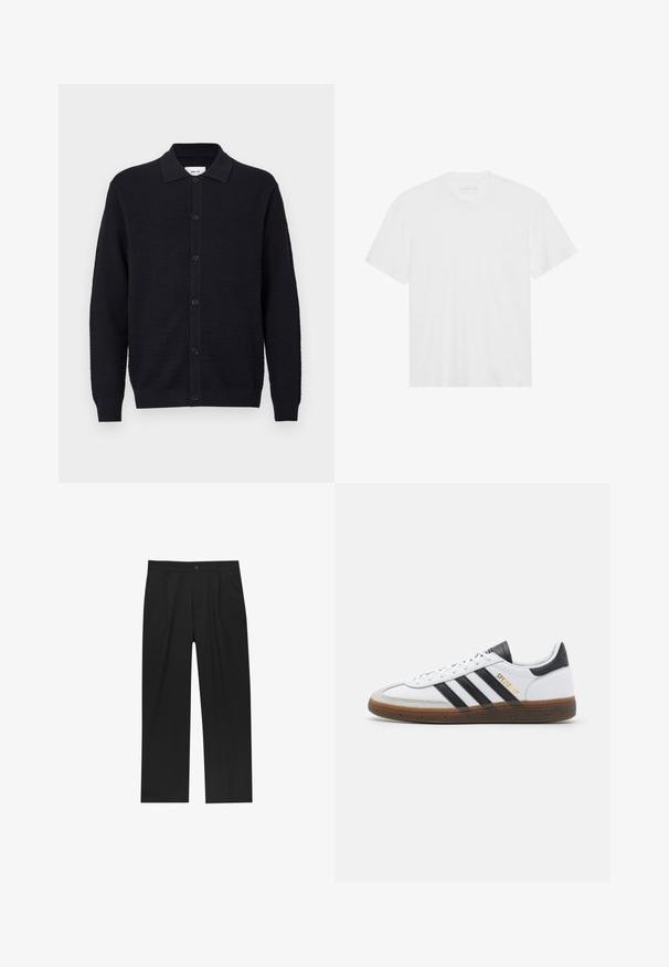 Schwarze strukturierte Strickjacke mit langen Ärmeln, durchgehender Knopfleiste und umgeschlagenem Kragen, auf einem schlichten weißen Hintergrund präsentiert.; Weißes Baumwoll-T-Shirt mit kurzen Ärmeln, Rundhalsausschnitt und geradem Saum. Glatte Textur, minimalistisches Design ohne Muster oder Akzente.; Schwarze Hose mit geradem Schnitt, aus einem glatten Stoff gefertigt. Verfügt über Vorderfalten und einen einzelnen Knopfverschluss an der Taille.; Weiße Leder-Sneaker mit schwarzen Wildlederakzenten, drei schwarzen Streifen, beigefarbener Gummisohle und goldener "SPEZIAL"-Branding an der Seite.