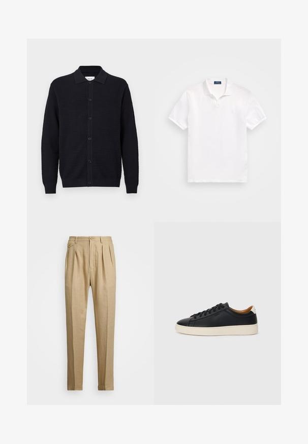 Μαύρος υφασμάτινος πλεκτός cardigan με μακριά μανίκια, κουμπιά μπροστά και διπλωμένο γιακά, τοποθετημένο σε απλό λευκό φόντο.; Λευκό πόλο μπλουζάκι από βαμβάκι, με στήριγμα δύο κουμπιών, κοντά μανίκια και διακριτό λογότυπο στο αριστερό στήθος. Λείος υφασμάτινος υφάντης.; Μπεζ λινές παντελόνες με ίσια γραμμή, που διαθέτουν δύο μπροστινές πιέτες, κλείσιμο με κουμπί και πλάγιες τσέπες. Υφασμάτινη επιφάνεια με απαλή υφή.; Μαύρα δερμάτινα παπούτσια αθλητικά με λεία υφή, μπεζ καουτσούκ σόλα, σχέδιο με κορδόνια και αντίθεση στη φτέρνα.